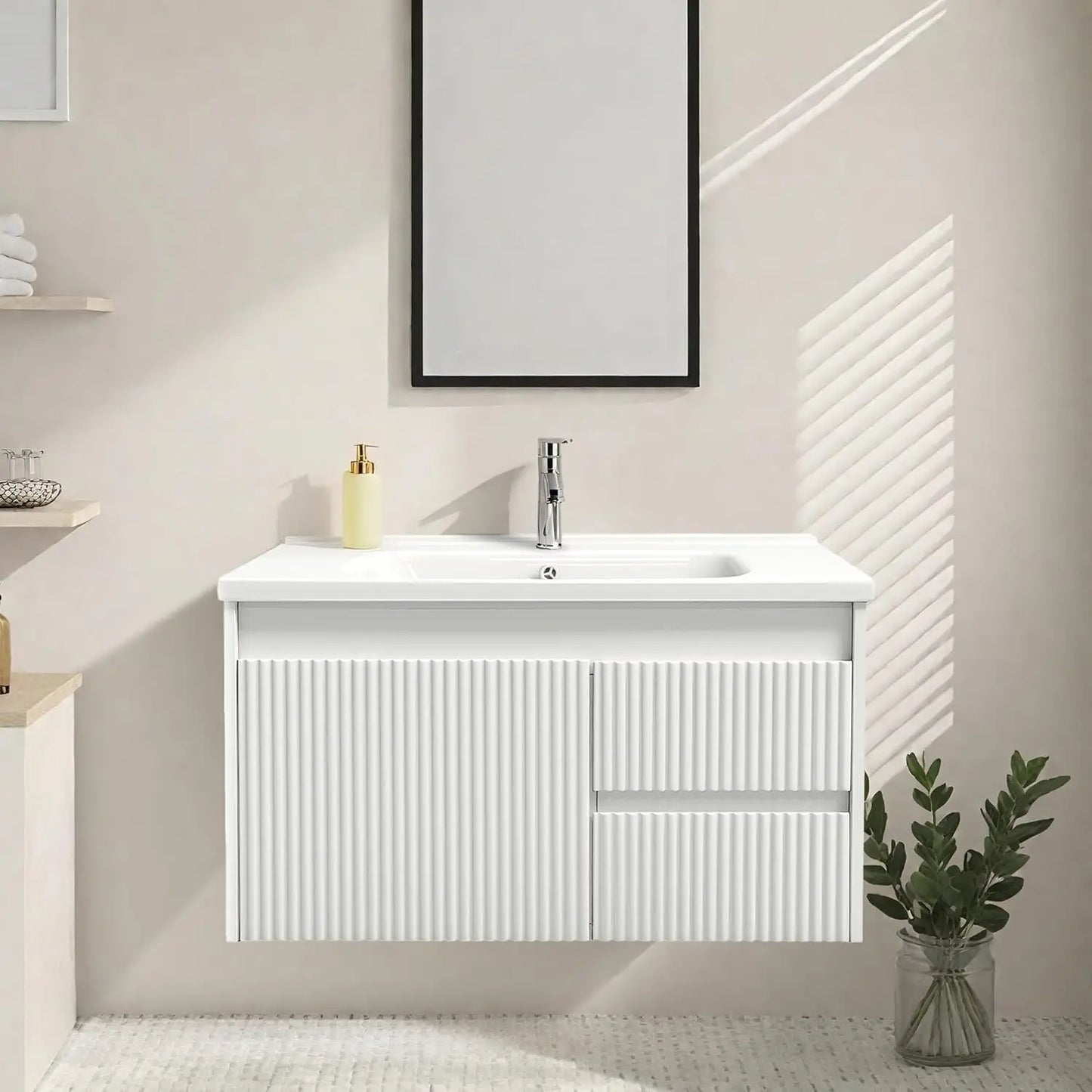 32" Wall Mounted Bathroom Vanity with Sink, Soft-Close Drawers, Wave-Carved Door, Ceramic Top, Customized