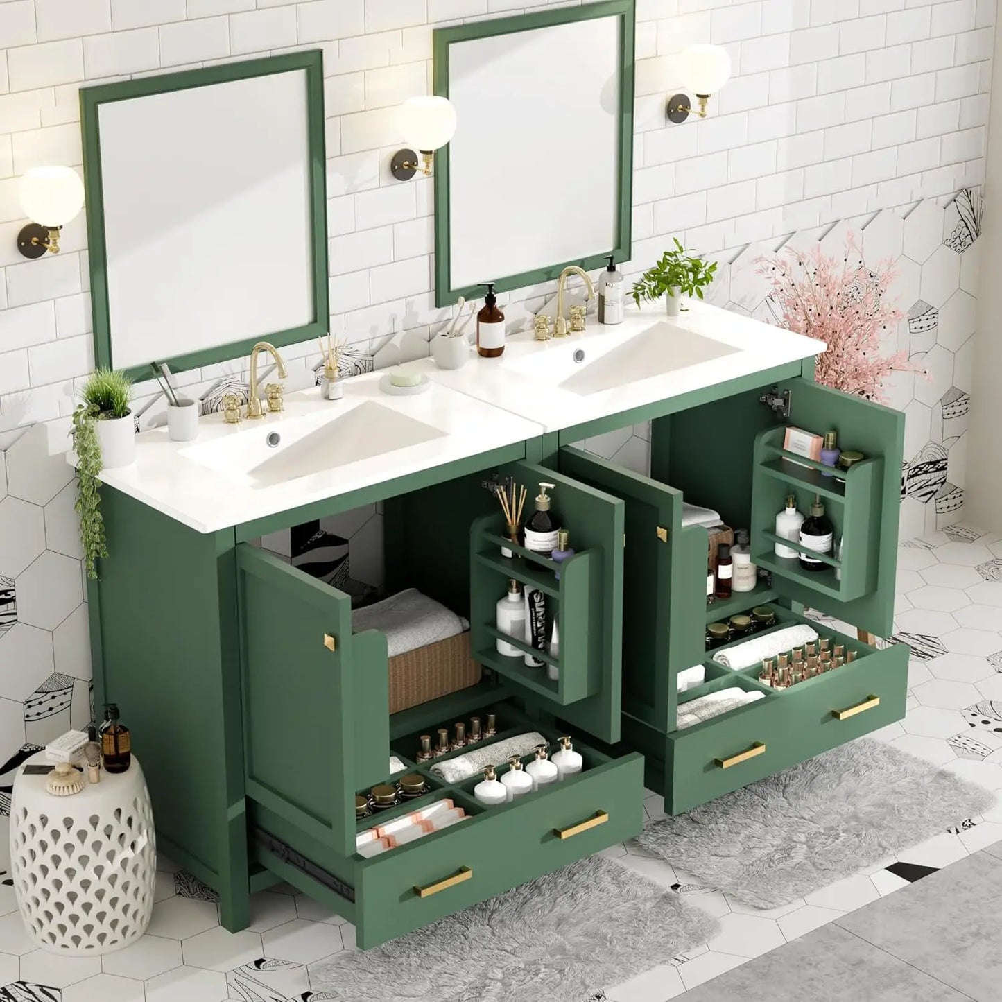 60" Double Sink Bathroom Vanity Solid Wood Cabinet Storage Drawers Racks Black, Customized