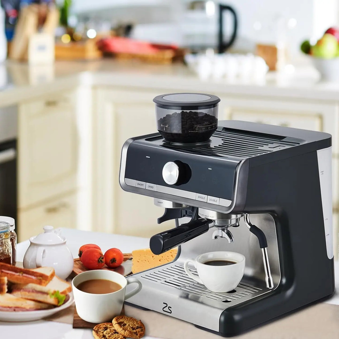 20 Bar Semi-Automatic Coffee Machine Built-in Bean Grinder & Steam Wand 2.8L Removable Water Tank Professional Home Cappuccino