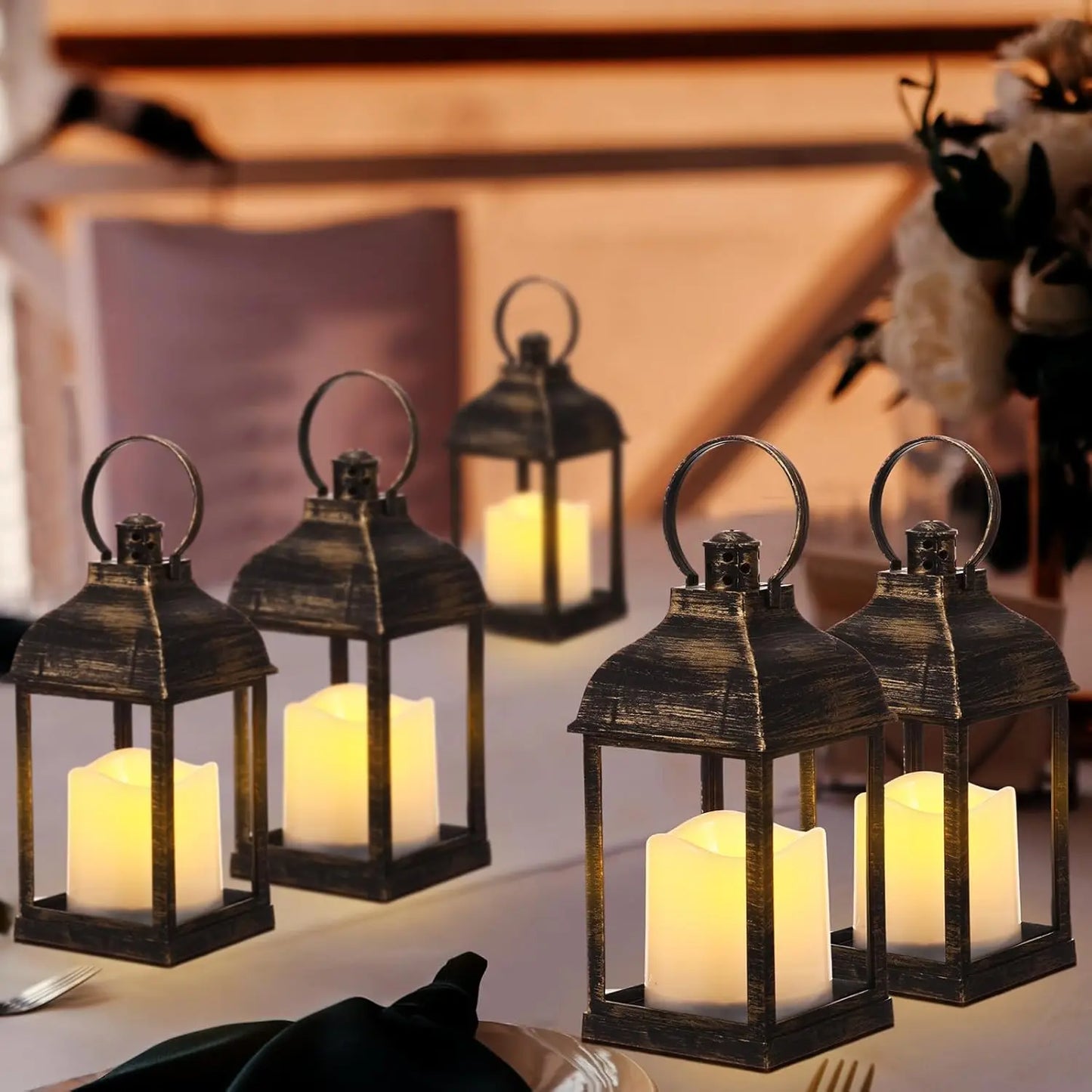 8 Pcs 10 Inch Dark Bronze Decorative Candle Lantern Bulk for Wedding Centerpieces Bronze Lanterns with LED Flameless Candle Indo