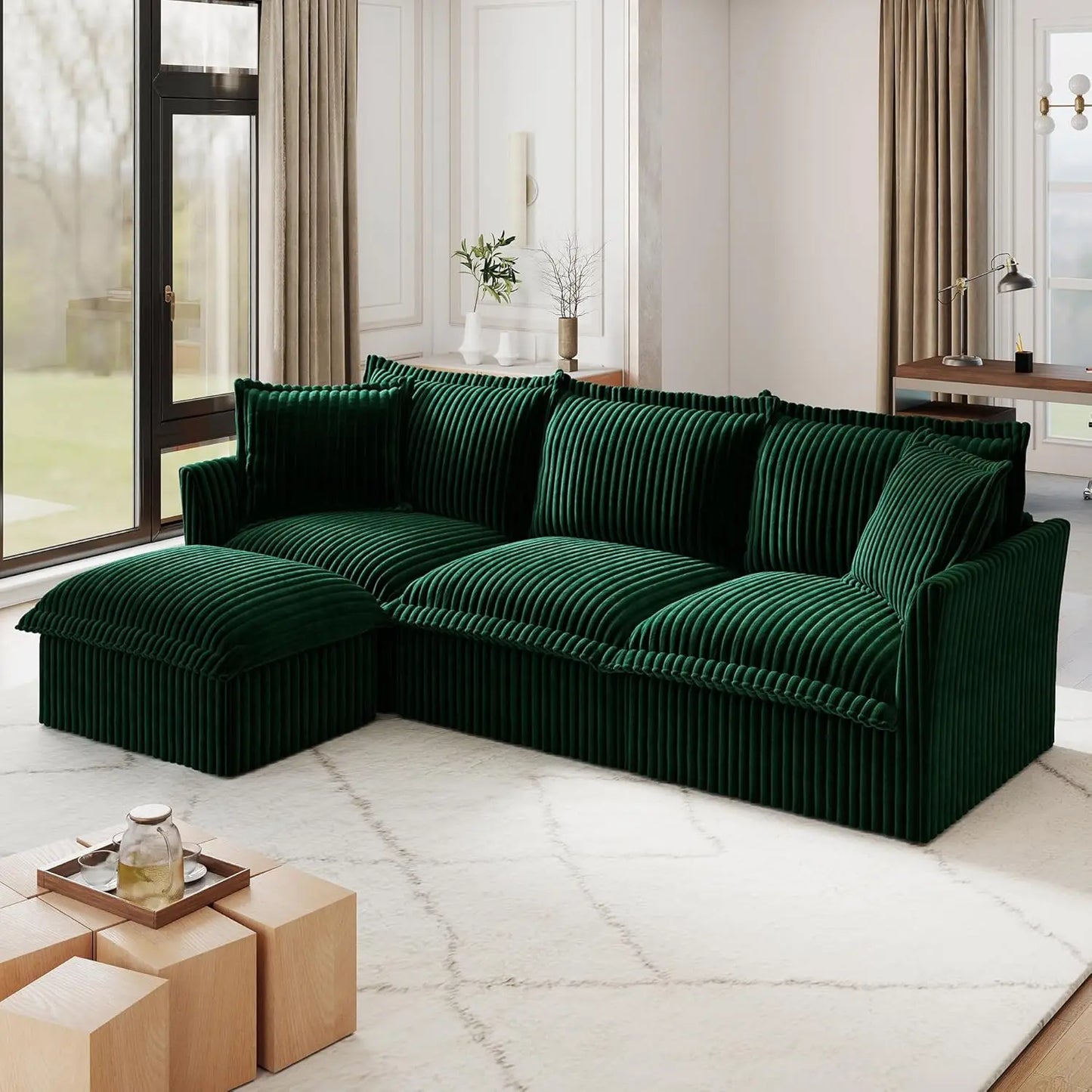 L-Shaped Modular Sectional Sofa Removable Slipcover Cloud 3-Seater Movable Ottoman Chenille Living Room Customized