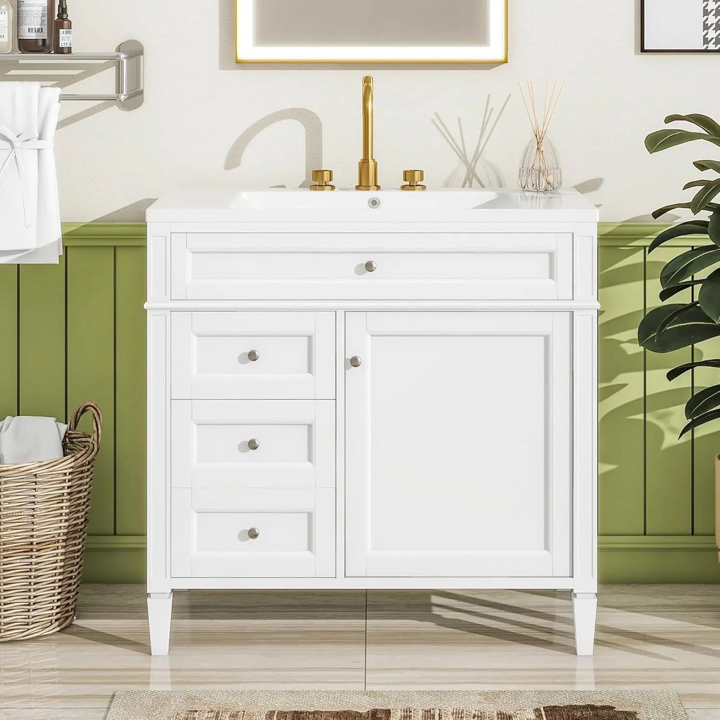 36in Solid Wood Bathroom Vanity with Soft-Close Doors & Tip-Out Drawer Undermount Sink Cabinet Green Customized