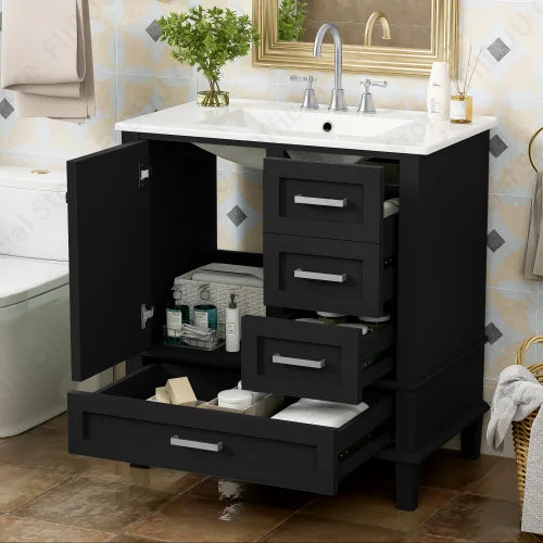 30" Bathroom Vanity with Sink Solid Wood Cabinet Waterproof Modern Storage with 3 Drawers Soft Close Door Sink Vanity Combo Set
