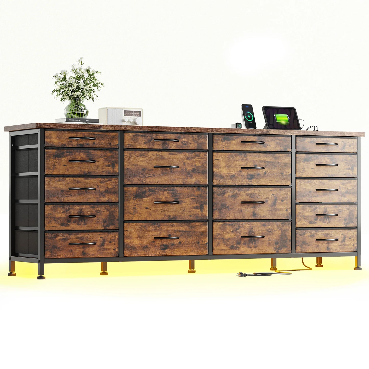 Large Capacity 63 Inch Dresser with 18 Deep Drawers LED Lighting and Built In Power Hub for Bedroom Living Room or Hallway