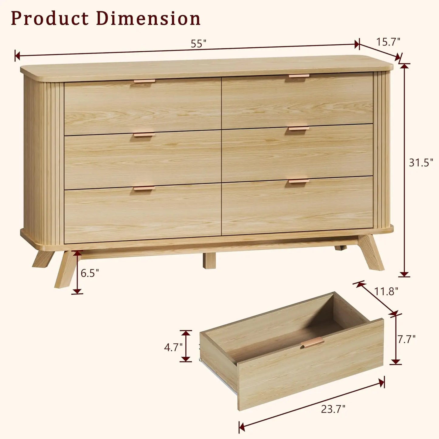 Fluted 6 Drawer Dresser Mid Century Modern Curved Profile Wood Storage Unit for Bedroom Hallway Entryway 55 inch Oak Customized