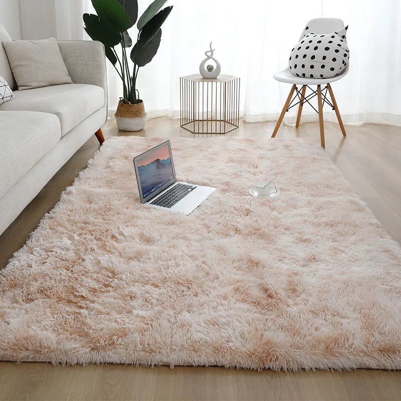 VIKAMA Simple Modern Silk Hair Tie-Dye Carpet Plush Soft Living Room Bedroom Bed Blanket Children's Room Non-Slip Floor Mat