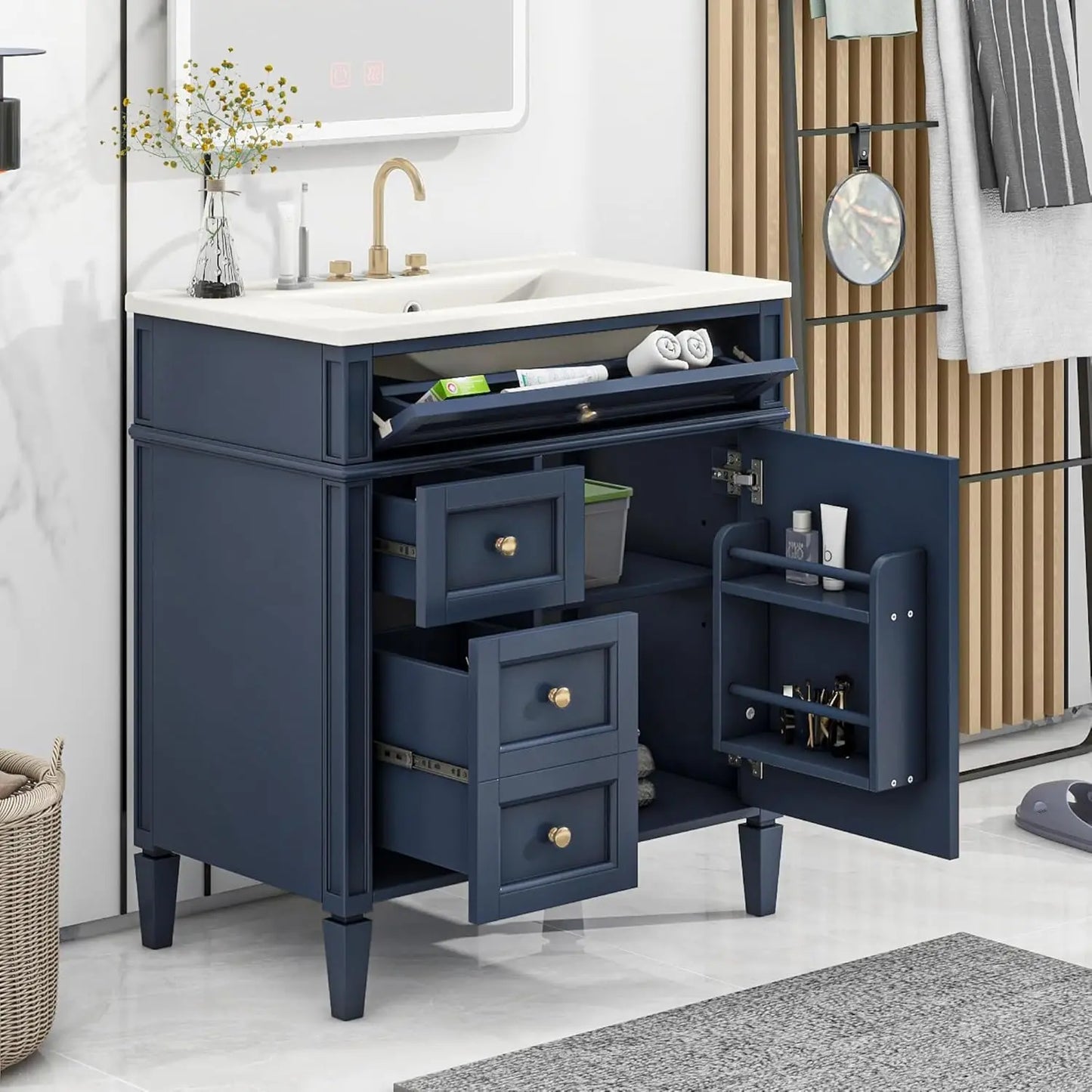 30" Bathroom Vanity Ceramic Sink Modern Freestanding Storage Cabinet Door 2 Drawers Tip-Out Drawer Solid Wood Frame, Customized