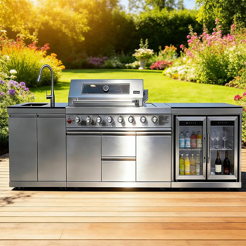 A Full Kitchen Suite Including Grill Cooktop Sink And Fridge With Waterproof Custom Outdoor Stainless Steel Cabinet For Backyard