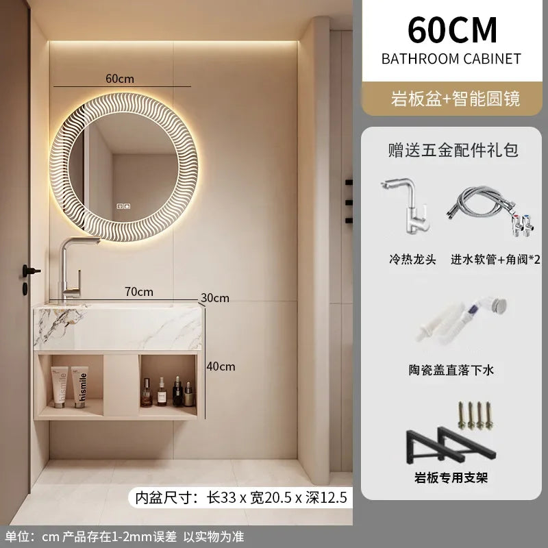Modern Bathroom Vanity Cabinet Sink Small-sized Bathroom Cabinet with Smart Round Mirror Rock Ceramic Basin Bathroom Furniture