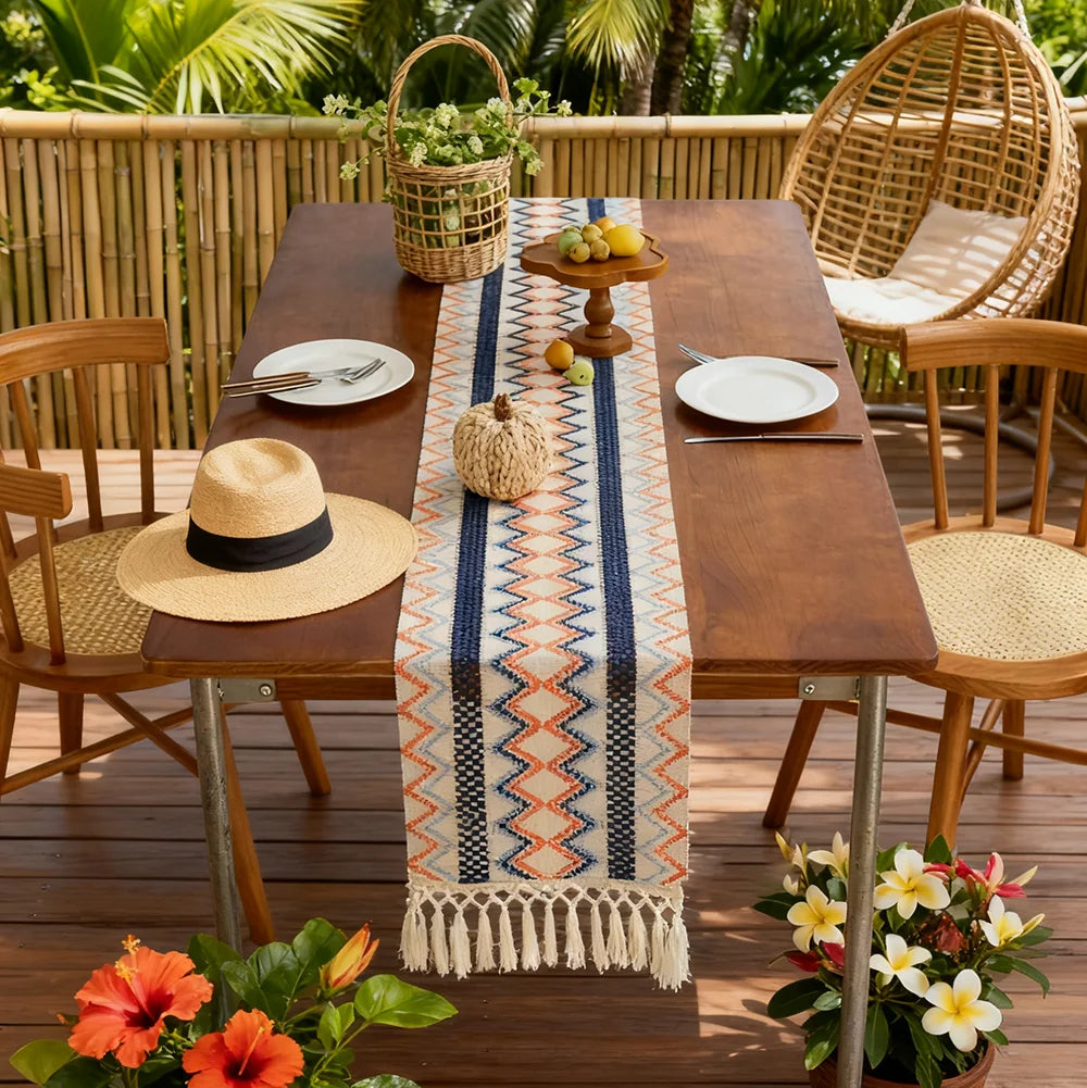Bohemian Aztec Outdoor Table Runner with Tassels- Woven Patio Dining Decor for Coastal & Tropical Sp