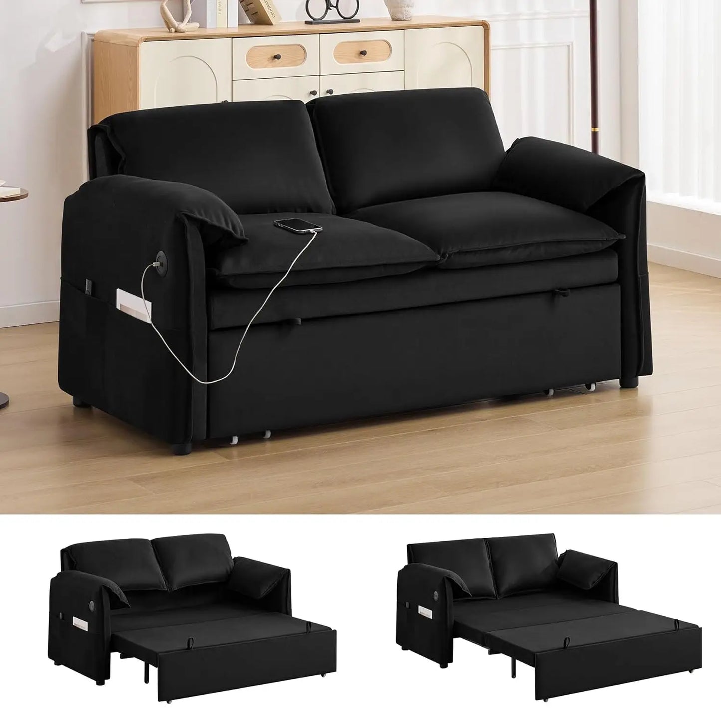 63" Velvet Pull Out Couch, 3 in 1 Convertible Sleeper Sofa Bed with Adjustable Backrest, Modern Loveseat Sleeper, Customized