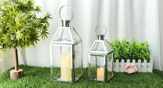 Set of 2 Stainless Steel Decorative Lanterns 13"&10" H Metal Candle Holders with Tempered Glass for Home Decor Living Room Parti