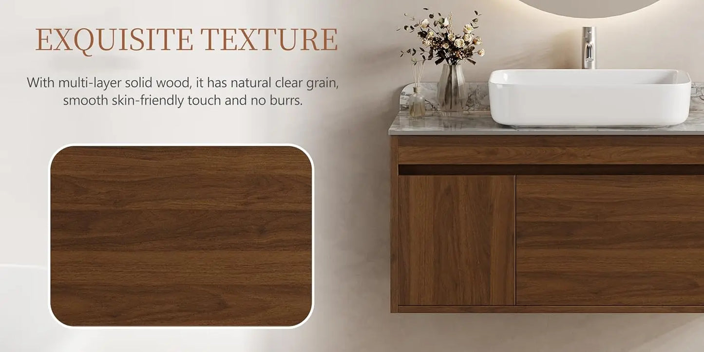 36in Floating Bathroom Vanity Sink Combo Wood Cabinet Gray Sintered Stone Countertop Easy Assembly Customized
