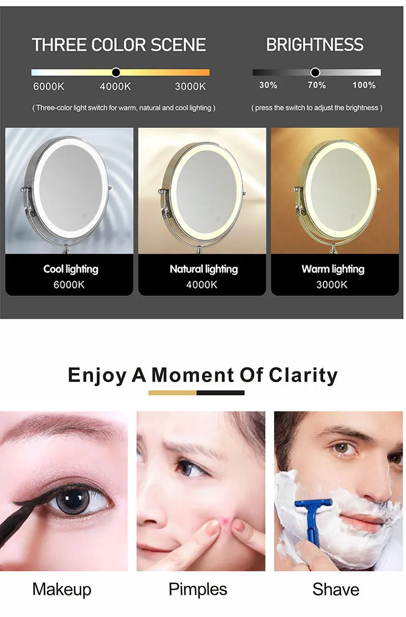 8 inch Makeup Mirror Matte Gold 3x/5x/7x/10x Magnifying Double Side USB Charging Bathroom 3 color light Cosmetic Mirrors