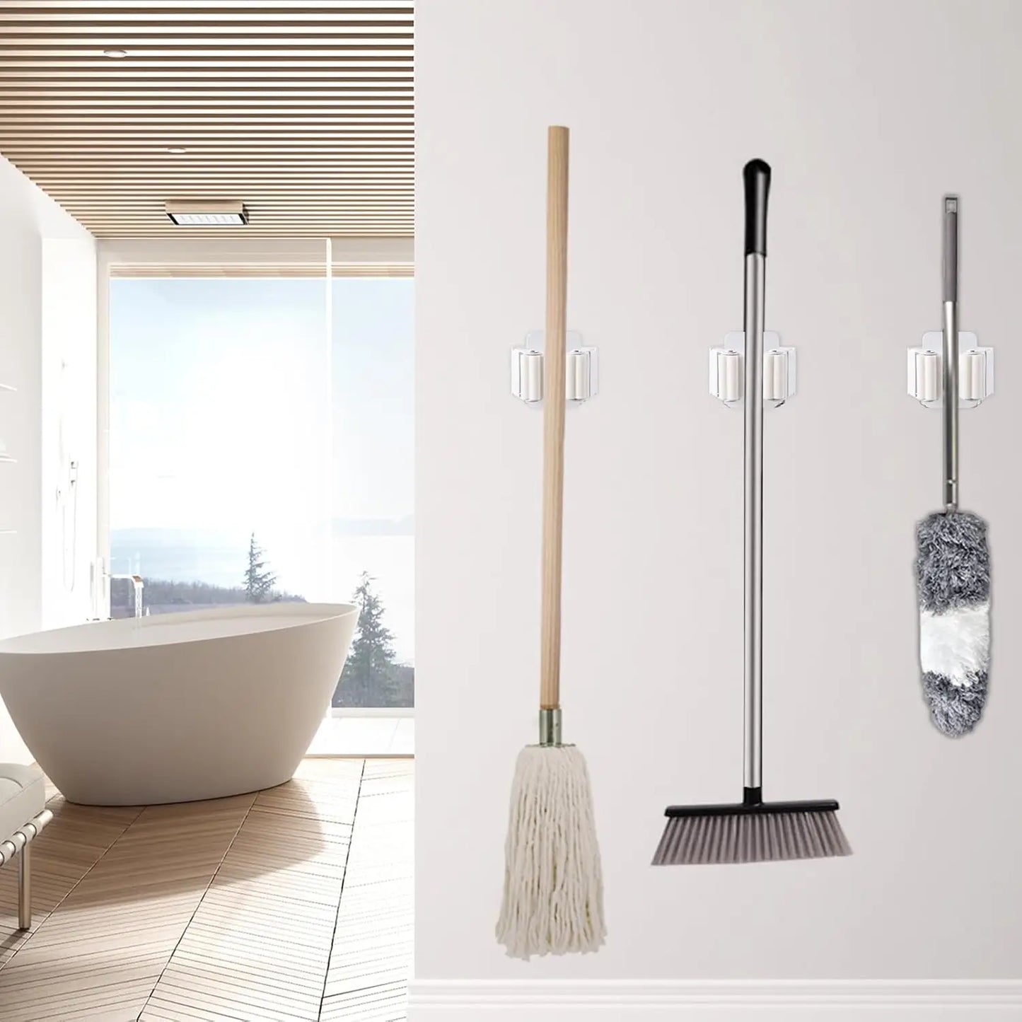 3PCS Mop Clamp with Suction Hook - Effortless to Install, Heavy-Duty Grip, Perfect for Kitchen & Bathroom Organization