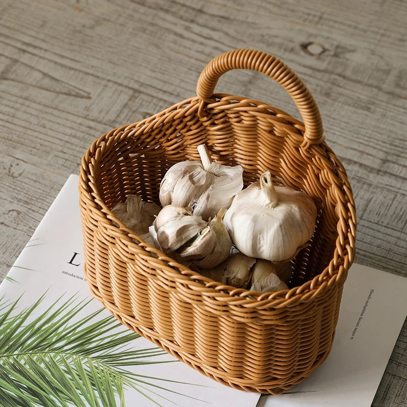 Kitchen Storage Basket with Handle Woven Hanging Baskets for Living Room Fruit Sundries Organizer Home Decor Hand-woven Baskets