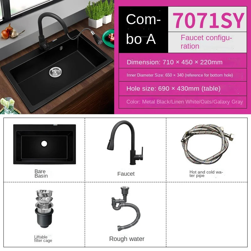 Kitchen Quartz Sink Single Washing Basin under