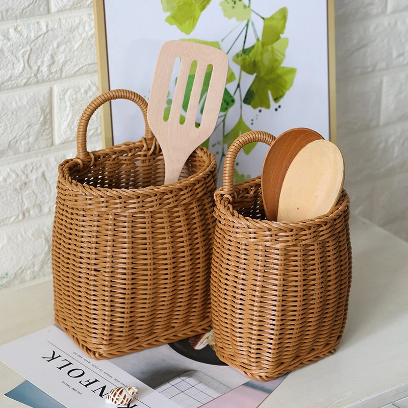 Kitchen Storage Basket with Handle Woven Hanging Baskets for Living Room Fruit Sundries Organizer Home Decor Hand-woven Baskets