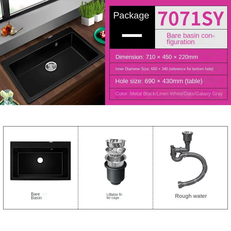 Kitchen Quartz Sink Single Washing Basin under