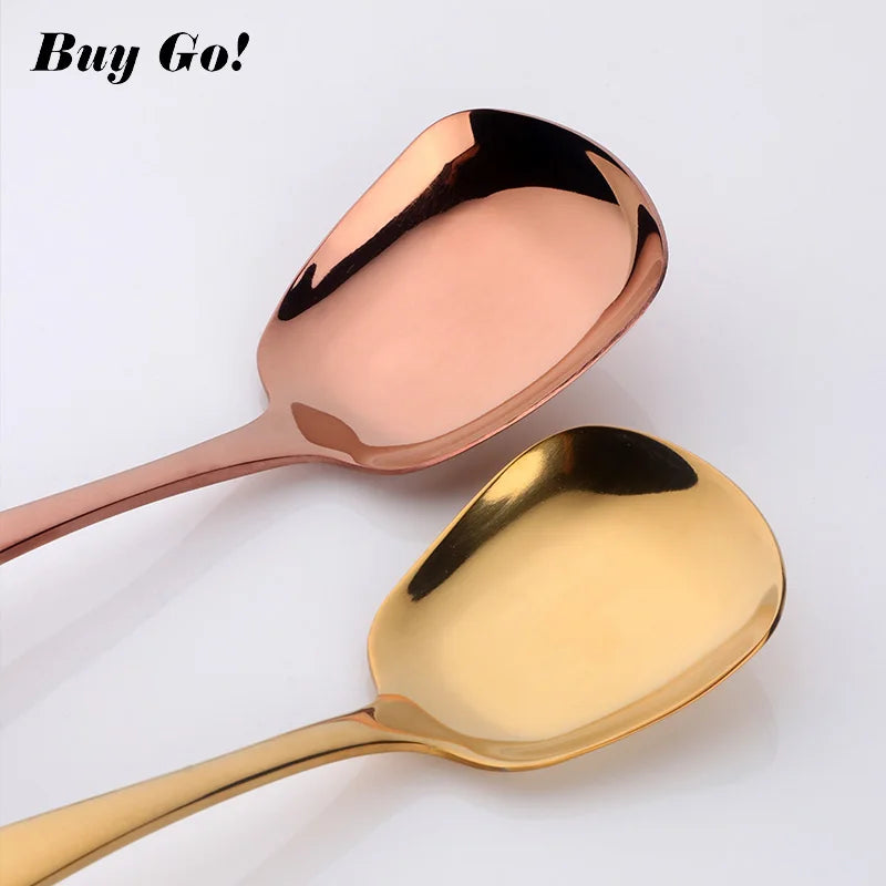 1PC Stainless Steel Rice Spoon S M L Square Spoon Ladle Gold Dessert Ice Cream Table Spoon for Kids Restaurant Kitchen Tableware
