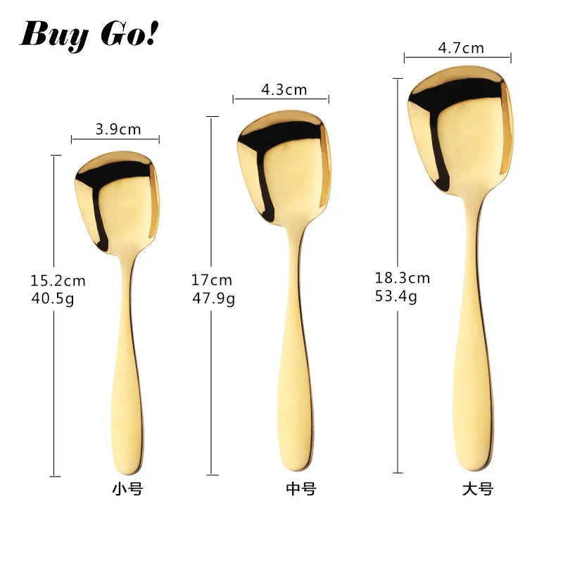 1PC Stainless Steel Rice Spoon S M L Square Spoon Ladle Gold Dessert Ice Cream Table Spoon for Kids Restaurant Kitchen Tableware