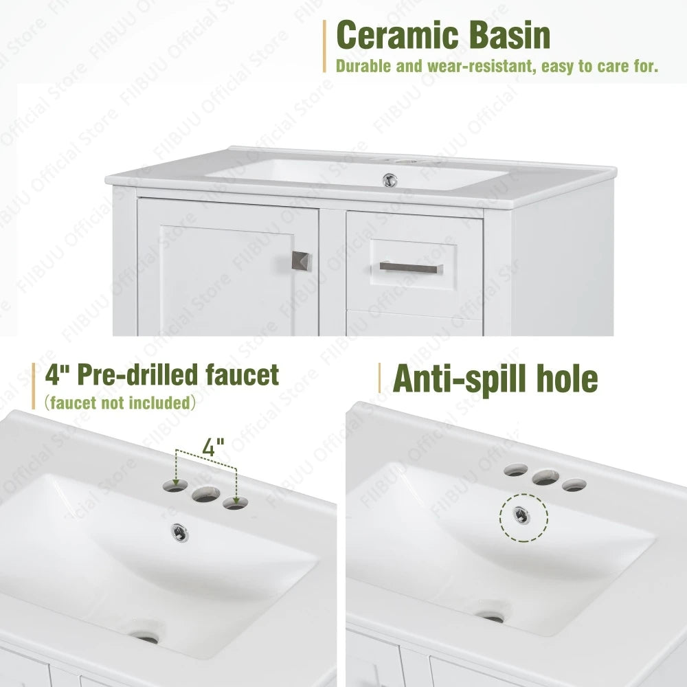 30" Bathroom Vanity with Sink Solid Wood Cabinet Waterproof Modern Storage with 3 Drawers Soft Close Door Sink Vanity Combo Set