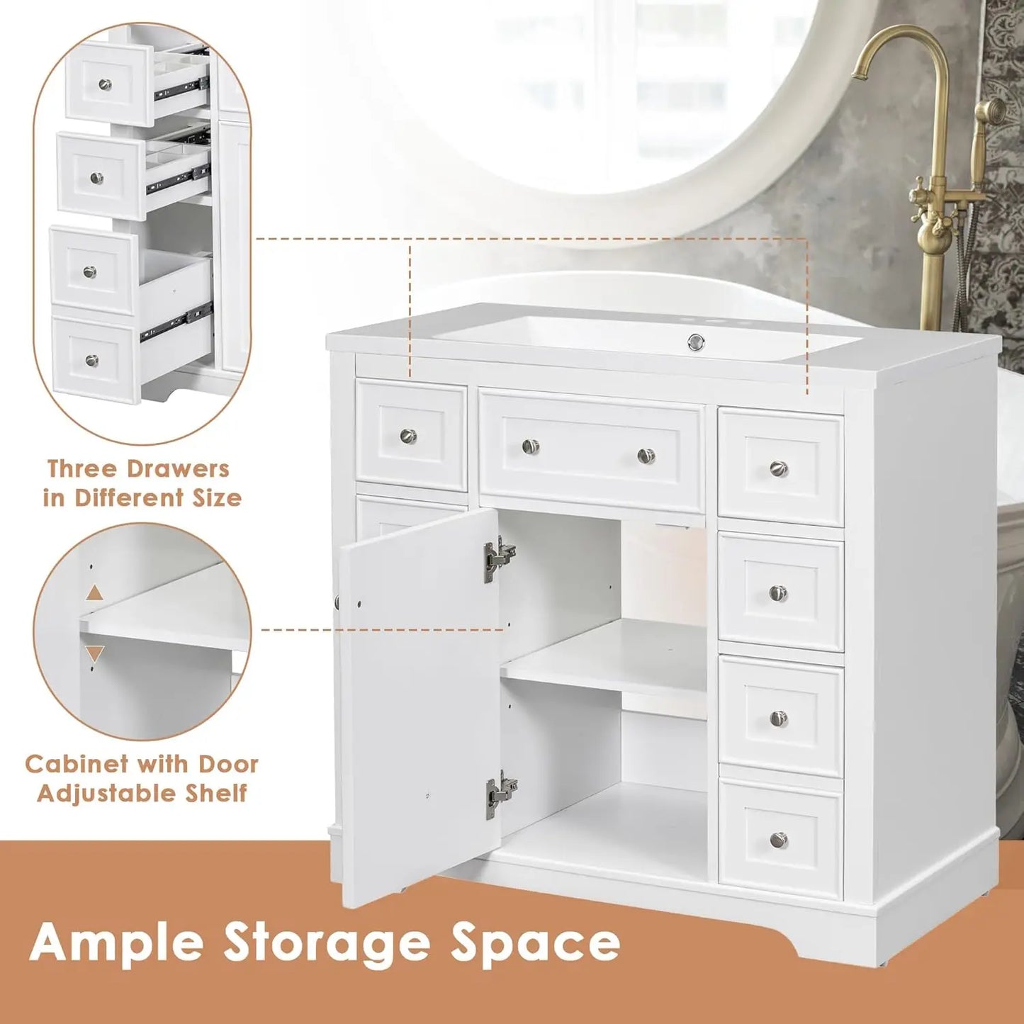 36" Bathroom Vanity Basin Sink Cabinet 6 Drawers Storage No Mirror White, Customized