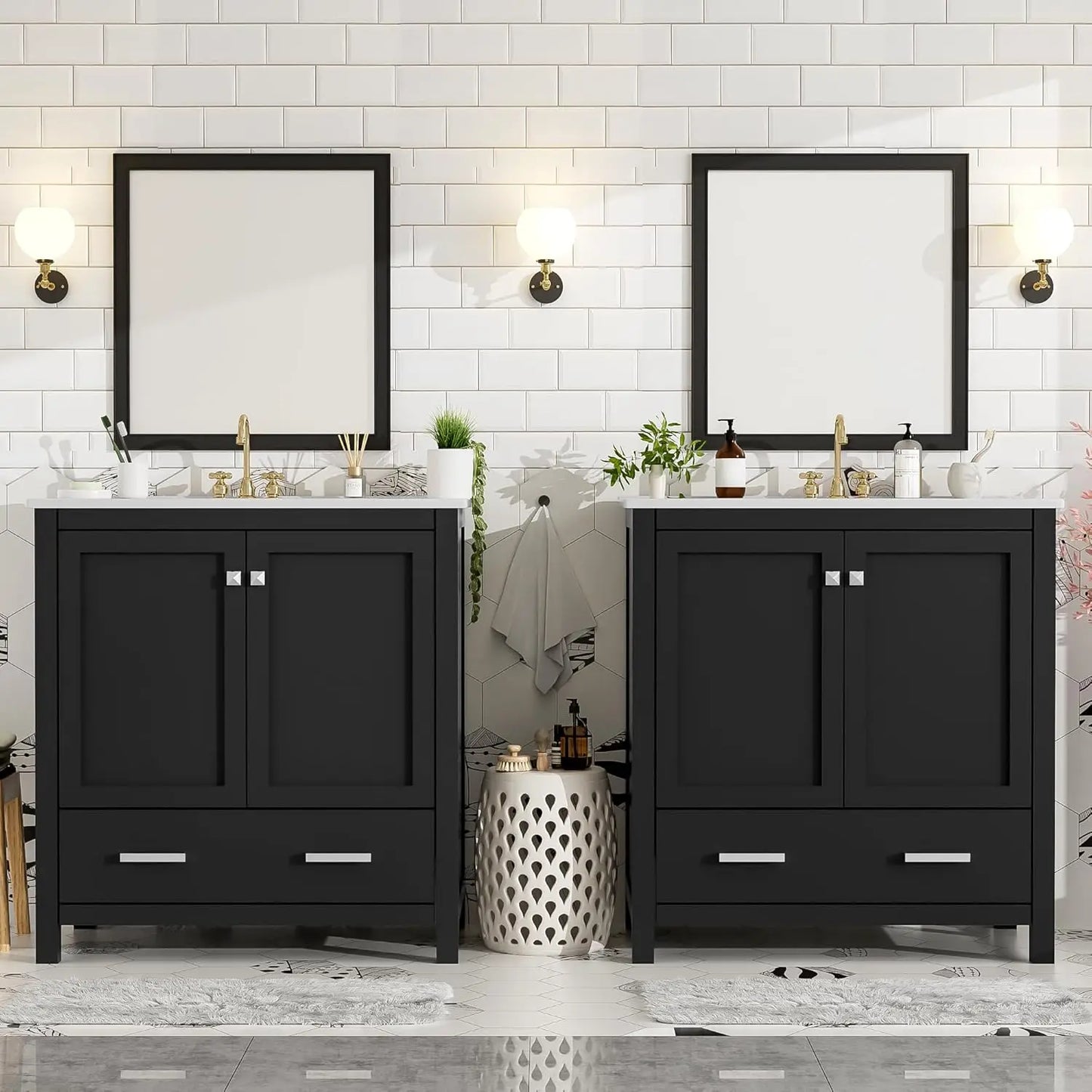 60" Double Sink Bathroom Vanity Solid Wood Cabinet Storage Drawers Racks Black, Customized