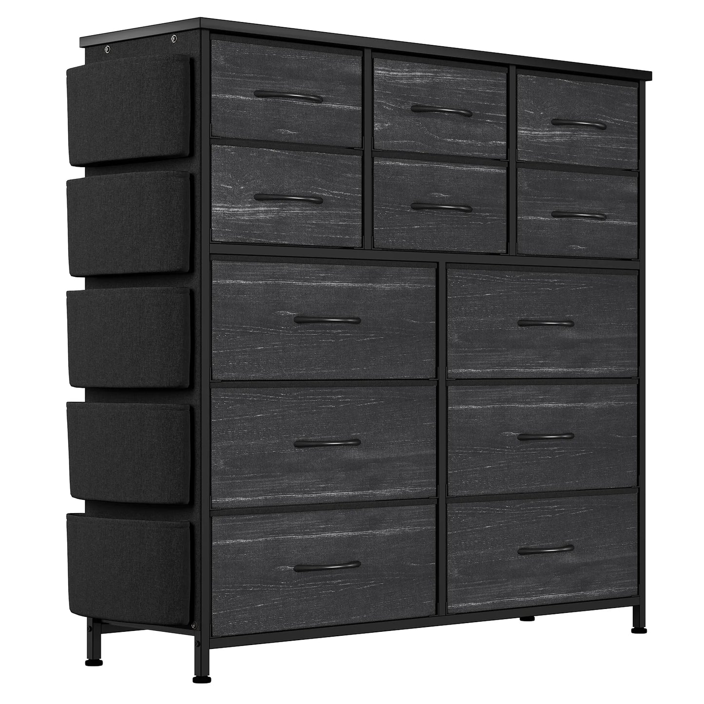 12-Drawer Fabric Dresser for Bedroom,Tall Chest of Drawers,Adjustable Metal Frame,Side Pockets & Hooks Storage Tower for Closet