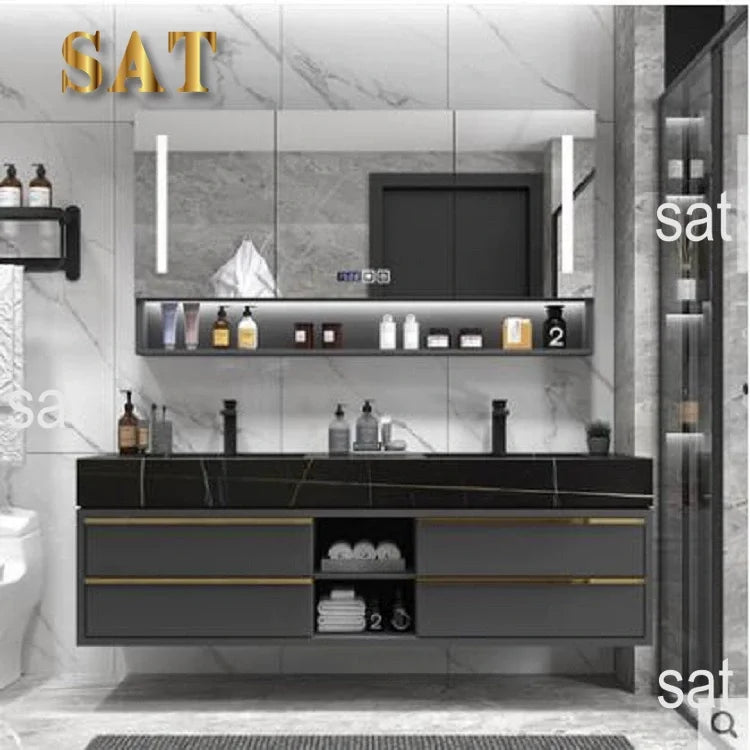 -For 60 Inch Luxury Double Sink Basin Bathroom Vanity Cabinet Home Center Bathroom Cabinet Set^