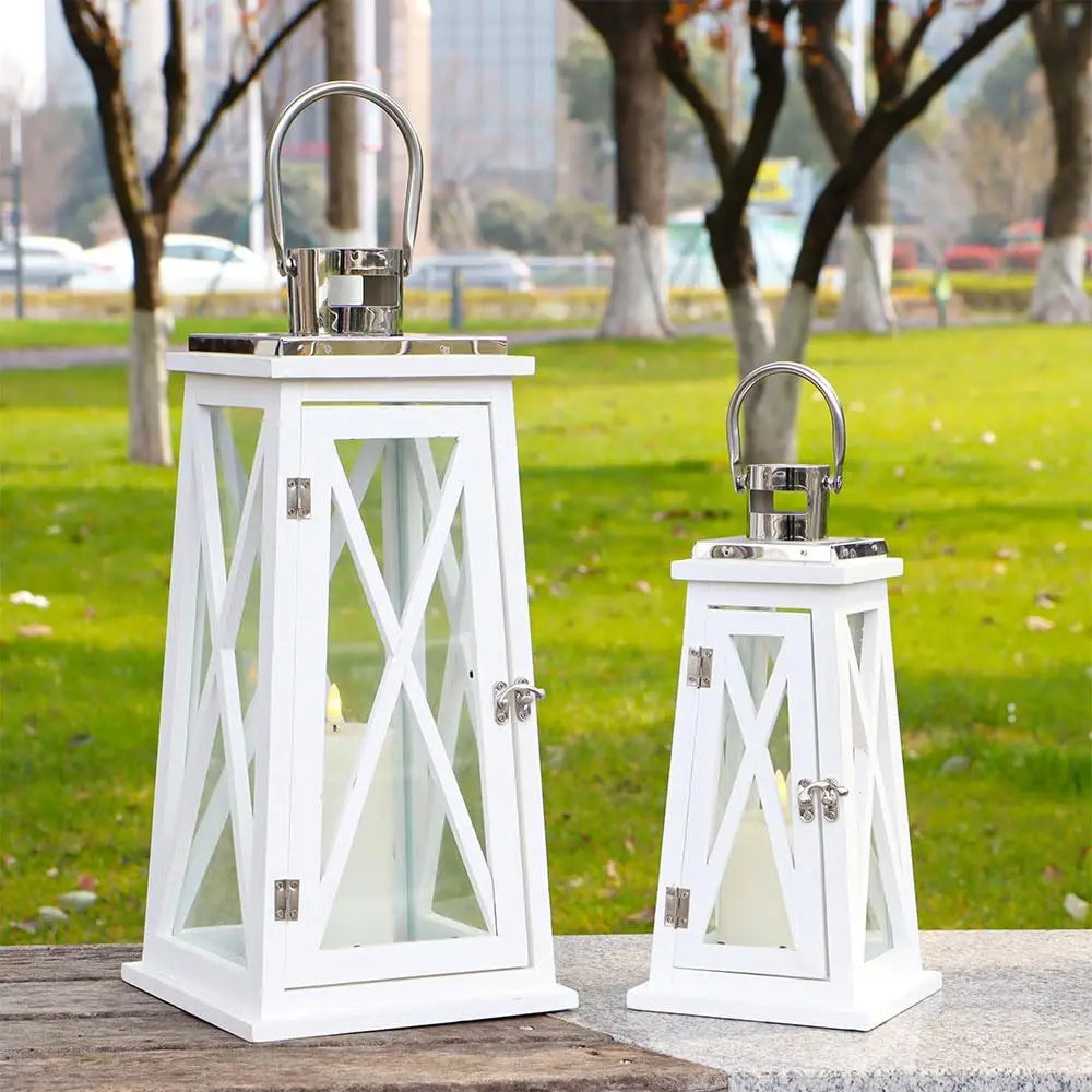 Set of 2 Farmhouse Wood Candle Lantern 22'' &15.5'' H Decorative Candle Holders with Tempered Glass Rustic Hanging Lantern for G
