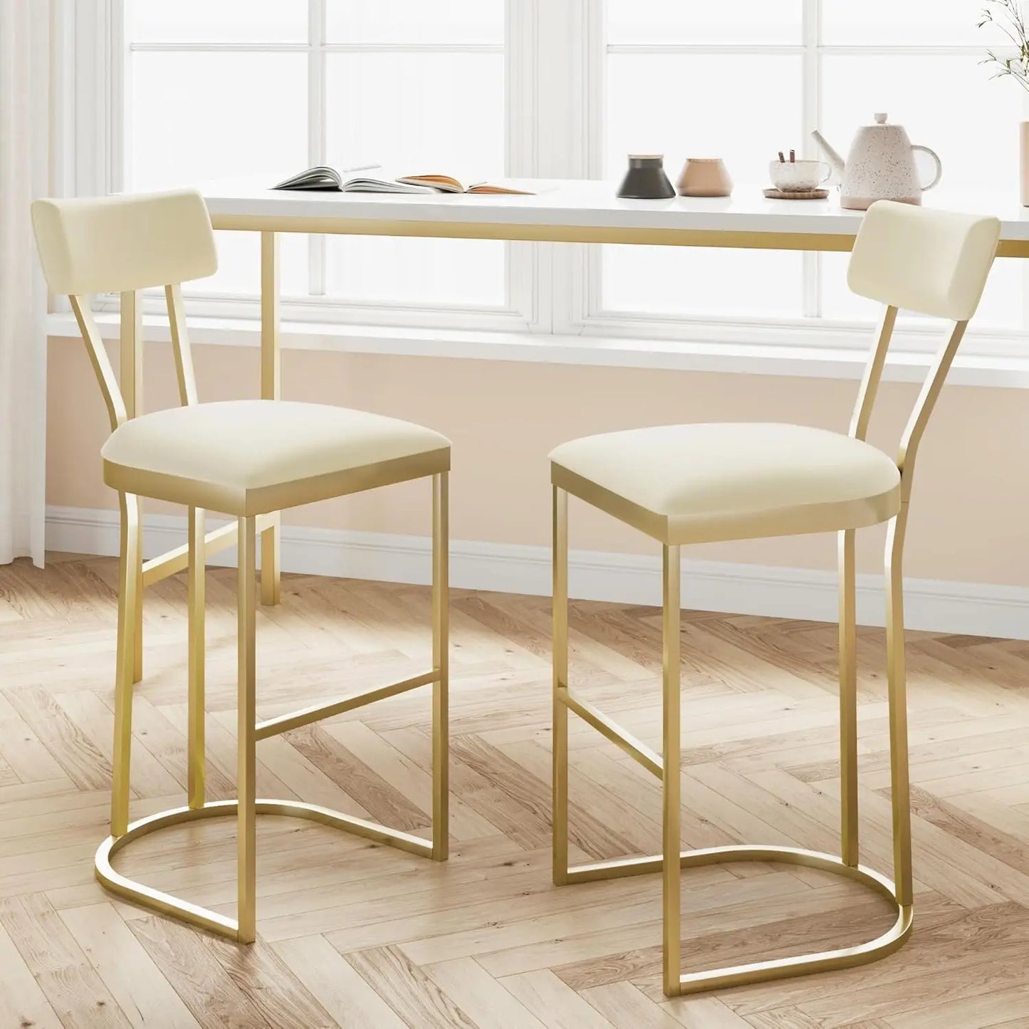 Bar Stools Set of 2, Curved Back with Metal Frame Island Chairs with Upholstered Modern Tall Barstools Counter Stools for Home