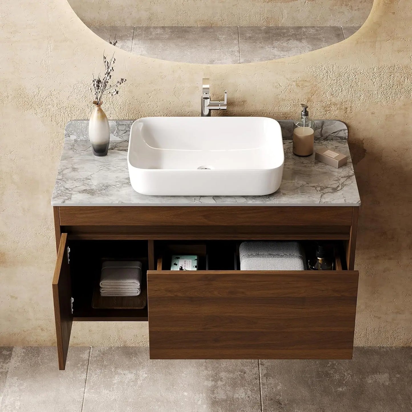 36in Floating Bathroom Vanity Sink Combo Wood Cabinet Gray Sintered Stone Countertop Easy Assembly Customized