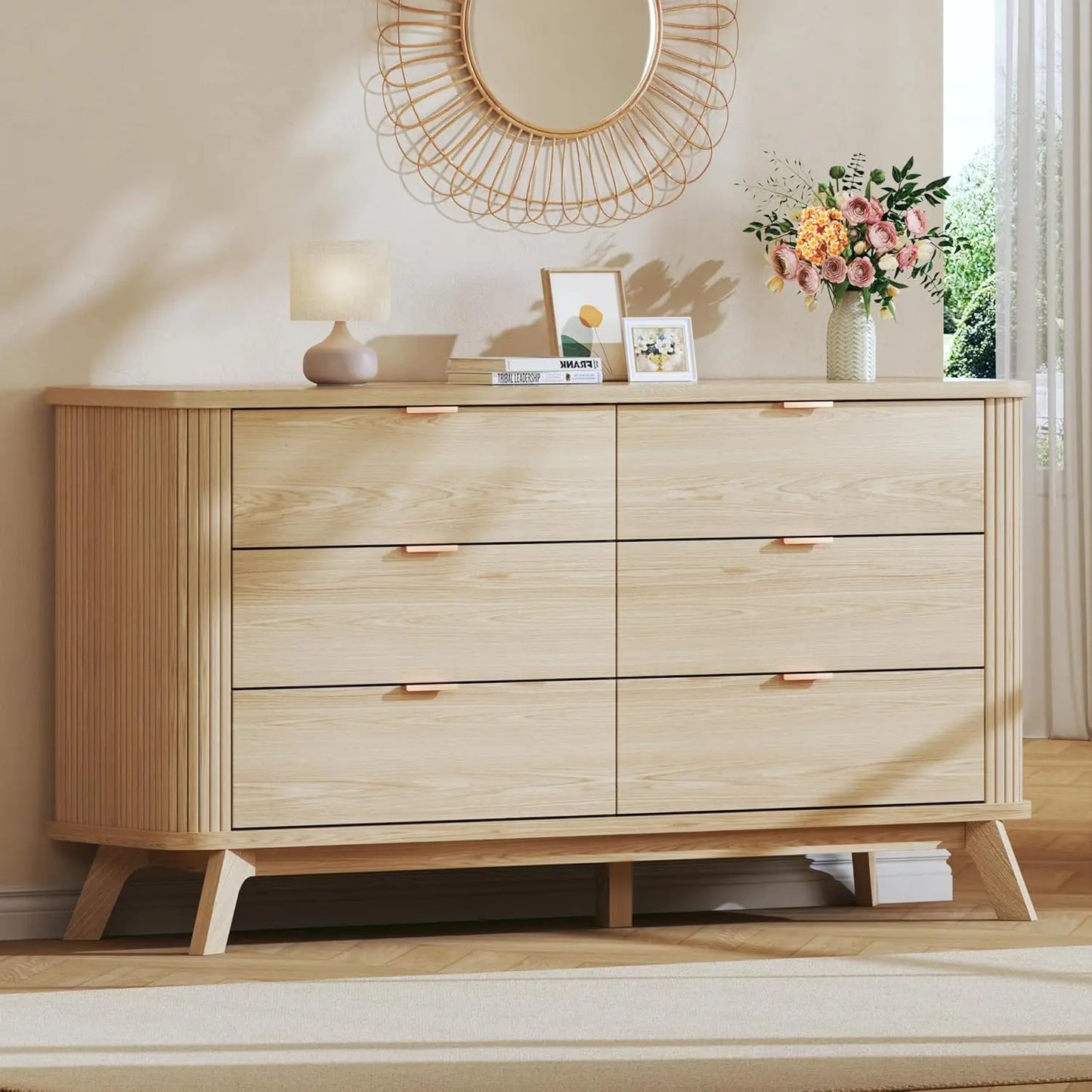 Fluted 6 Drawer Dresser Mid Century Modern Curved Profile Wood Storage Unit for Bedroom Hallway Entryway 55 inch Oak Customized