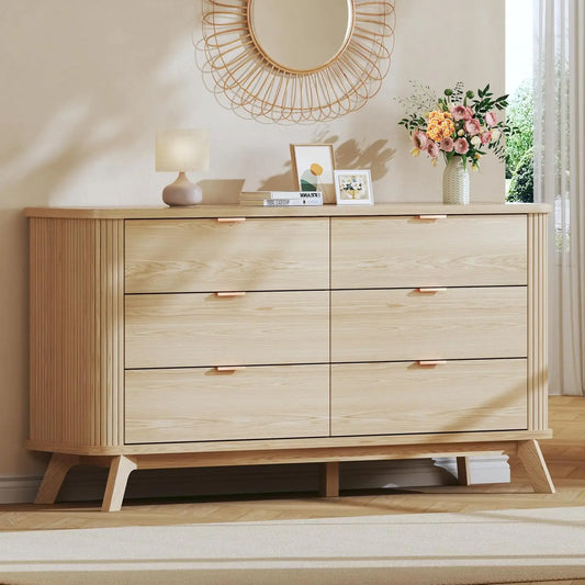 Fluted 6 Drawer Dresser Mid Century Modern Curved Profile Wood Storage Unit for Bedroom Hallway Entryway 55 inch Oak Customized