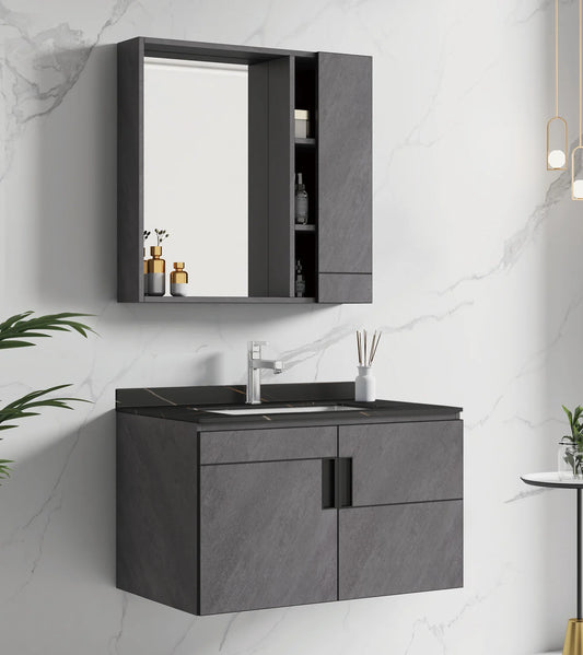 Modern Design Gray PVC Bathroom Vanity Cabinet Framed Mirror Wall-Mounted for  Villas Hotels Includes Wash Basin