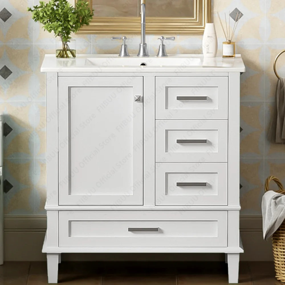 30" Bathroom Vanity with Sink Solid Wood Cabinet Waterproof Modern Storage with 3 Drawers Soft Close Door Sink Vanity Combo Set