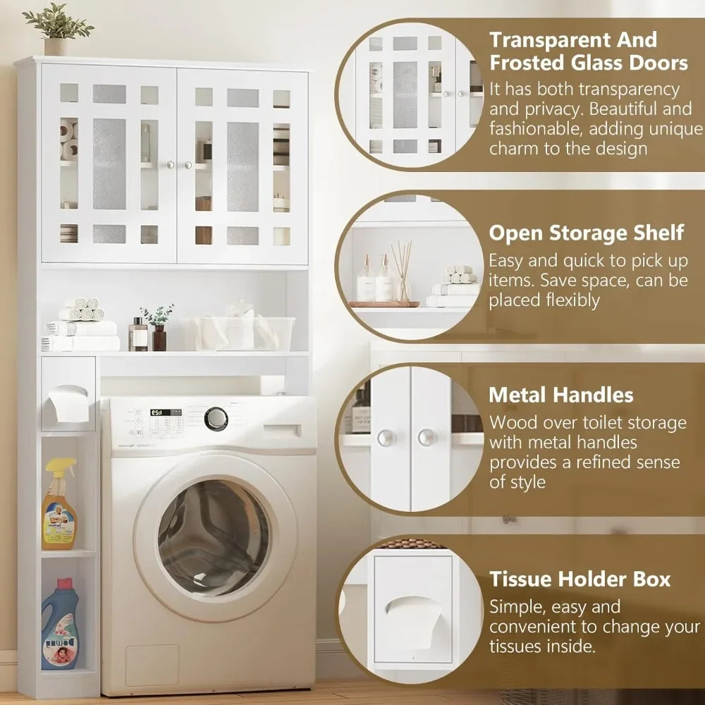 Freestanding Toilet-Top Storage Cabinet with 2 Glass Doors and Adjustable Shelves