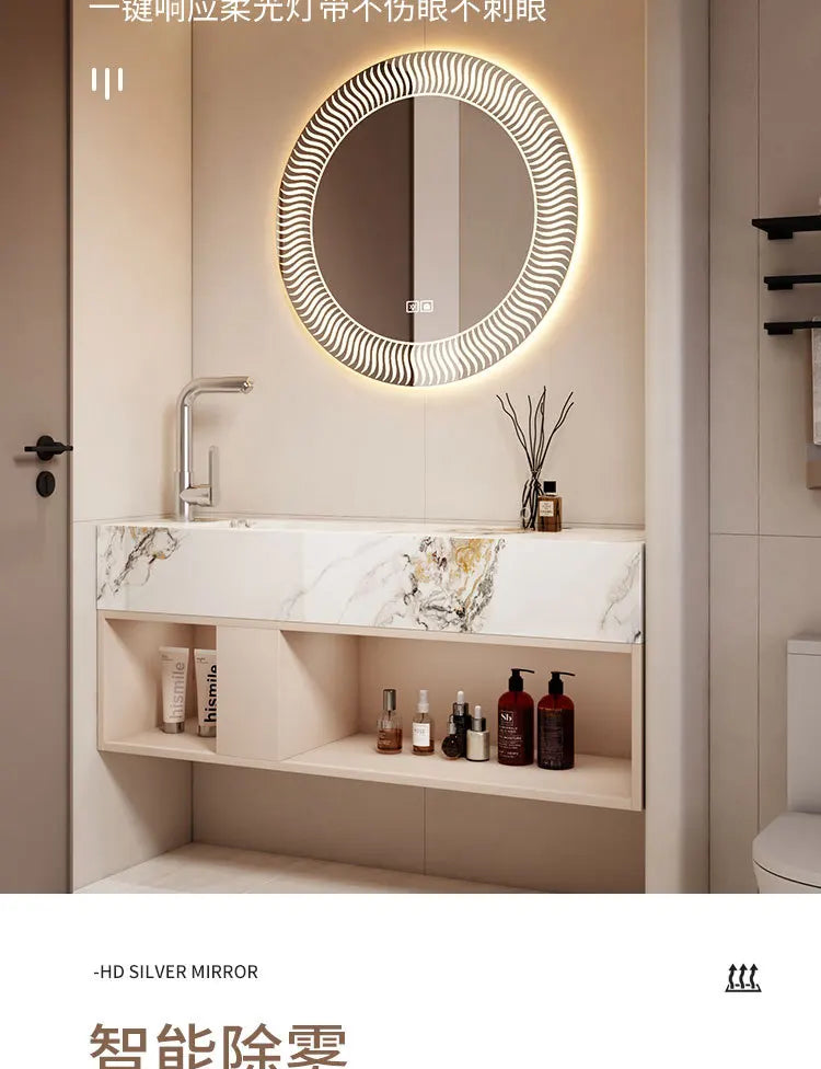 Modern Bathroom Vanity Cabinet Sink Small-sized Bathroom Cabinet with Smart Round Mirror Rock Ceramic Basin Bathroom Furniture
