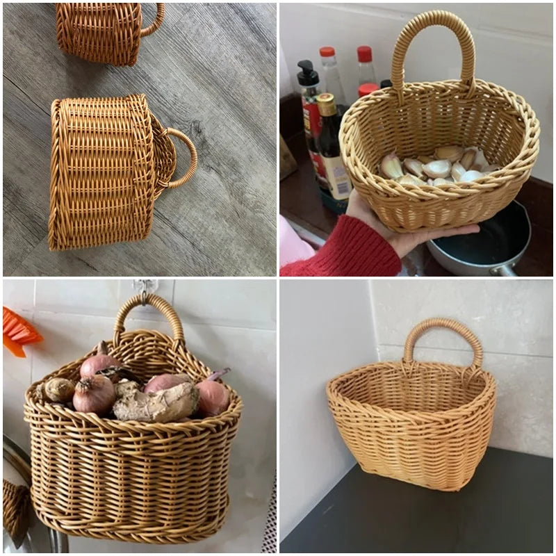 Kitchen Storage Basket with Handle Woven Hanging Baskets for Living Room Fruit Sundries Organizer Home Decor Hand-woven Baskets