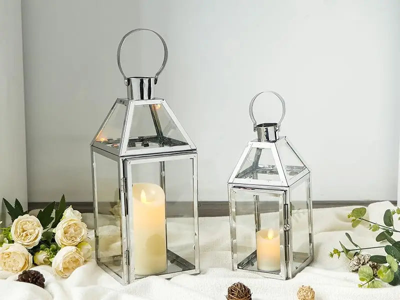 Set of 2 Stainless Steel Decorative Lanterns 13"&10" H Metal Candle Holders with Tempered Glass for Home Decor Living Room Parti