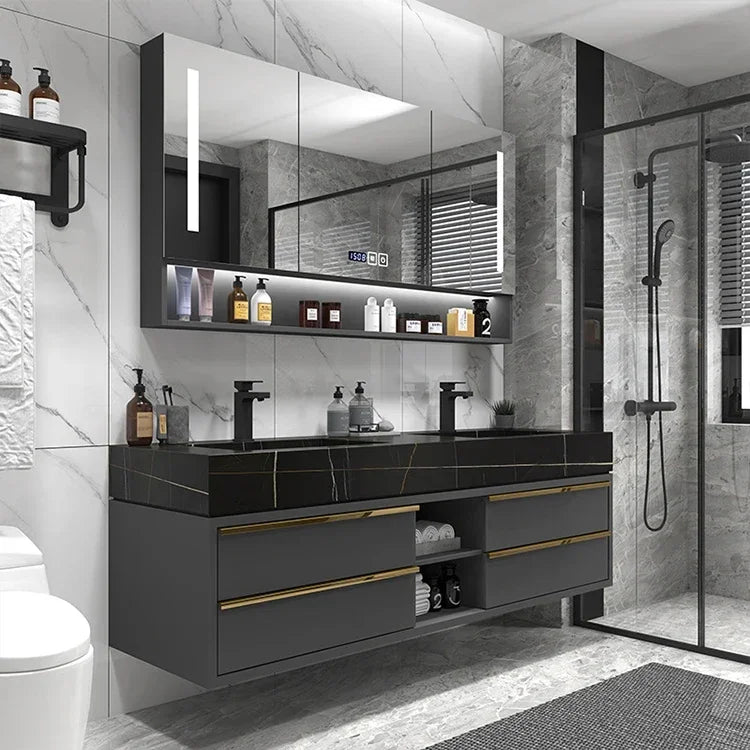 -For 60 Inch Luxury Double Sink Basin Bathroom Vanity Cabinet Home Center Bathroom Cabinet Set^