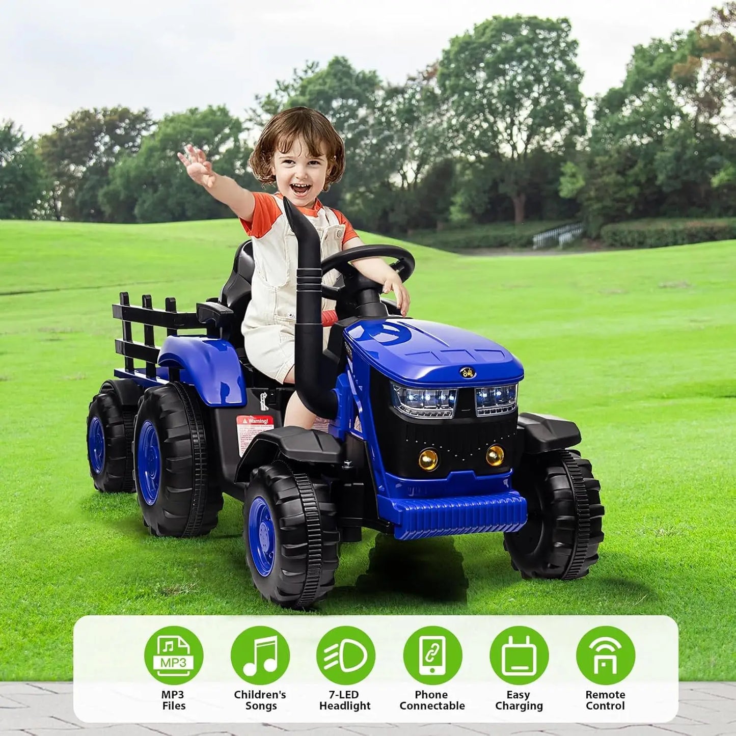 12V Kids Ride On Tractor Car Battery Powered Car Toy with Detachable Trailer,Remote Control,Music,Dual 35W Electric Vehicles