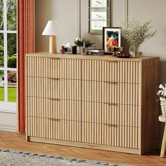 Fluted 8-Drawer Dresser With Wall Anchor, Anti-Tip Modern Chest Of Drawers, Double Dresser For Bedroom, Living Room, Entryway