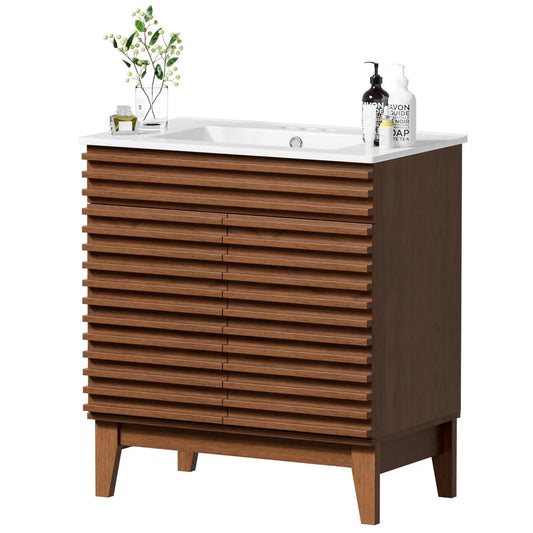 30" Mid-Century Bathroom Vanity Cabinet Ceramic Sink Soft Close Doors Freestanding Particleboard Wood Grain Walnut Customized