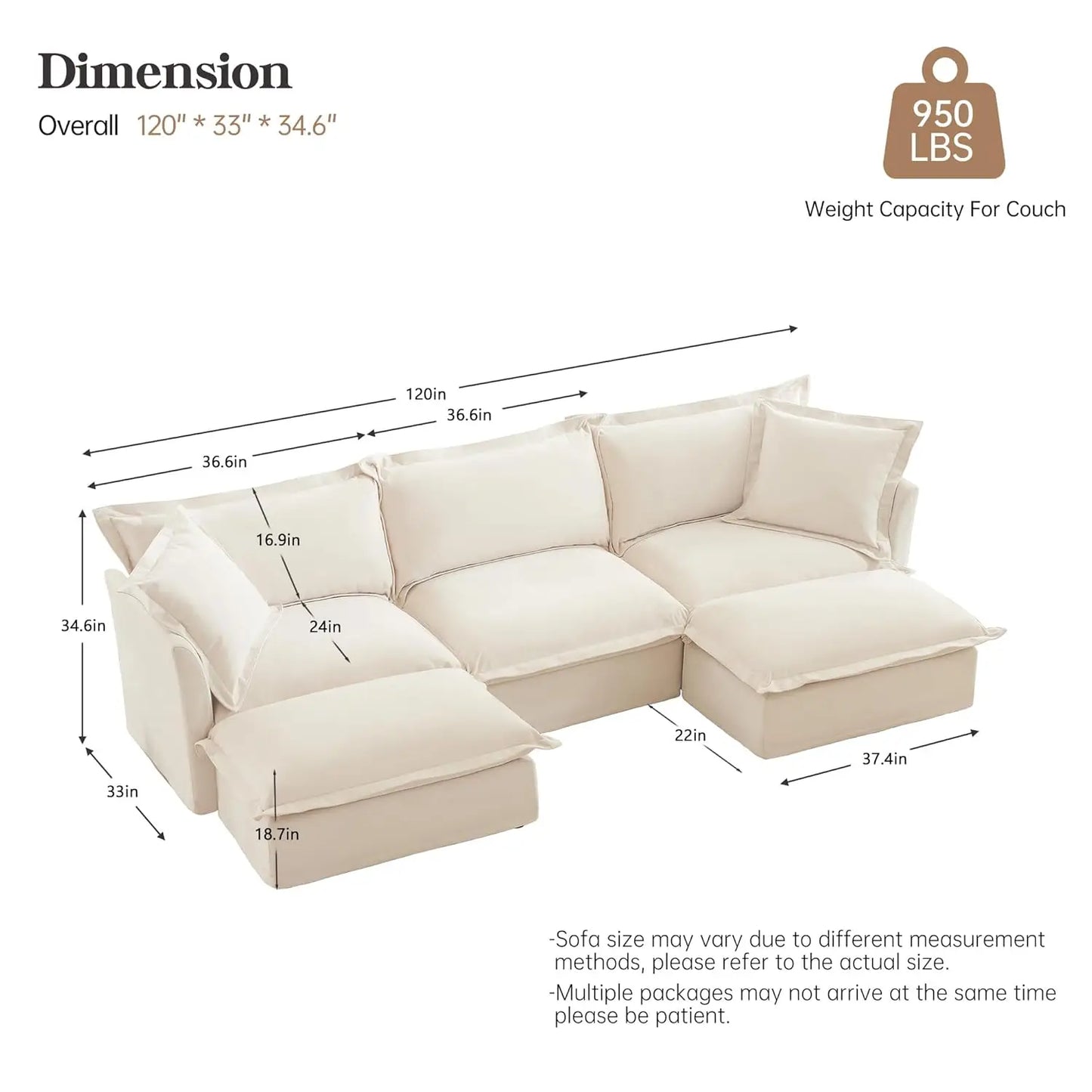 L-Shaped Modular Sectional Sofa Removable Slipcover Cloud 3-Seater Movable Ottoman Chenille Living Room Customized