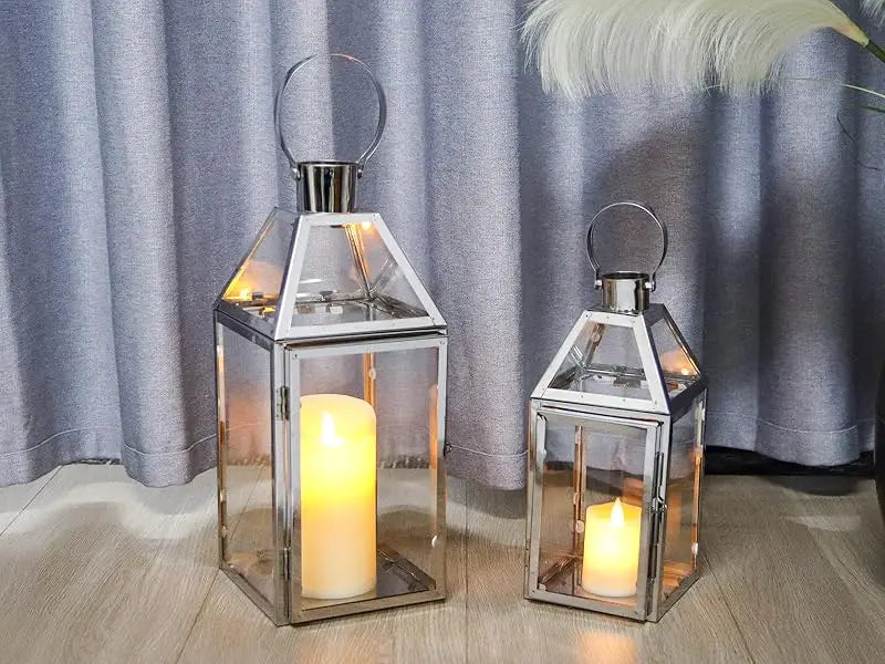 Set of 2 Stainless Steel Decorative Lanterns 13"&10" H Metal Candle Holders with Tempered Glass for Home Decor Living Room Parti