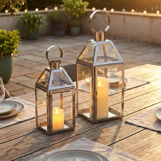 Set of 2 Stainless Steel Decorative Lanterns 13"&10" H Metal Candle Holders with Tempered Glass for Home Decor Living Room Parti