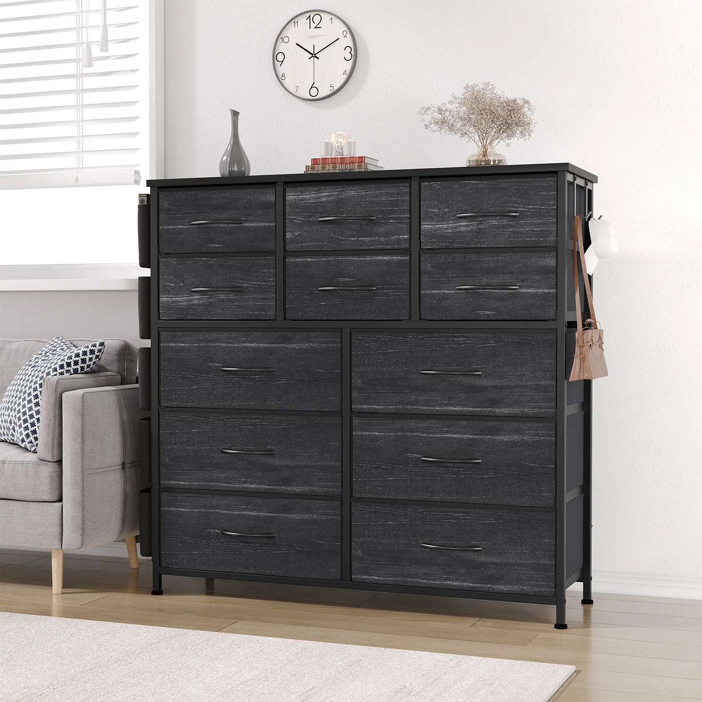 12-Drawer Fabric Dresser for Bedroom,Tall Chest of Drawers,Adjustable Metal Frame,Side Pockets & Hooks Storage Tower for Closet