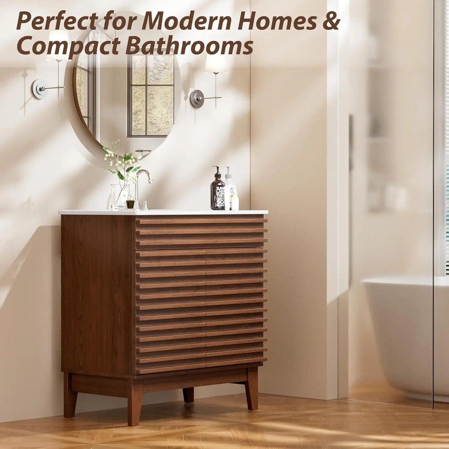30" Mid-Century Bathroom Vanity Cabinet Ceramic Sink Soft Close Doors Freestanding Particleboard Wood Grain Walnut Customized